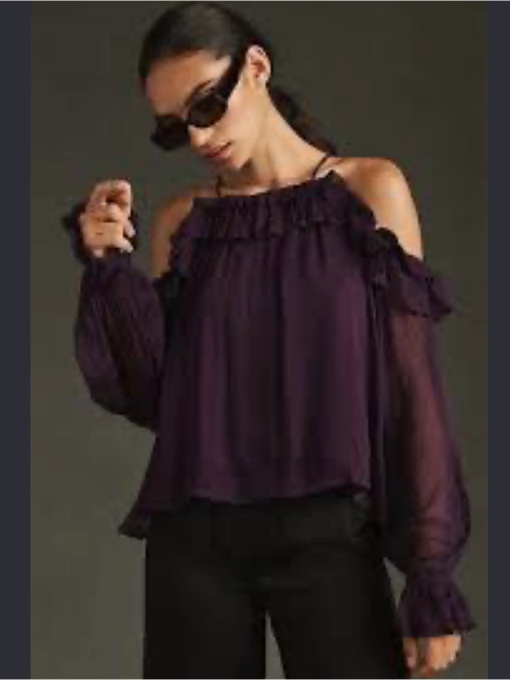 Anthropologie Deep Plum Sheer Ruffle Cold-Shoulder Blouse Size Small